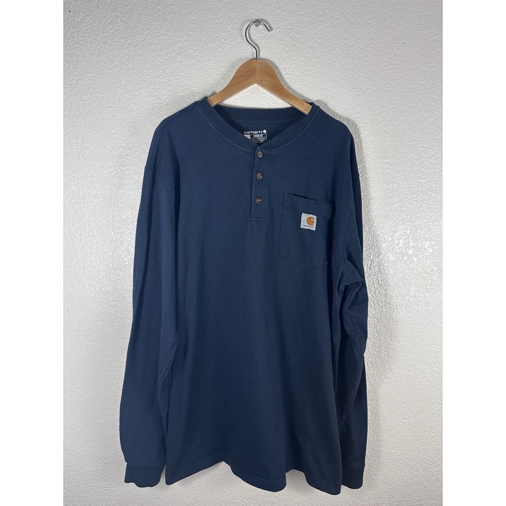 Carhartt K128 Navy Long Sleeve Pocket Henley Shirt Loose Fit L Tall Men's Large